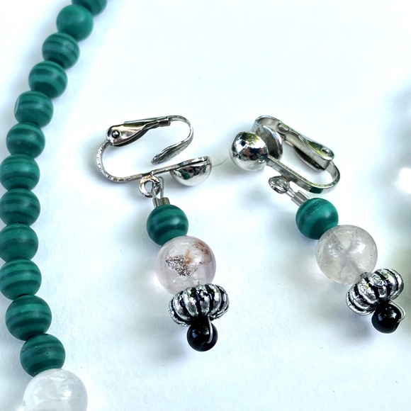Dragonfly, Stone, and Faux Malachite Necklace, Bracelet, Clip-on Earring Set - Picture 4 of 11